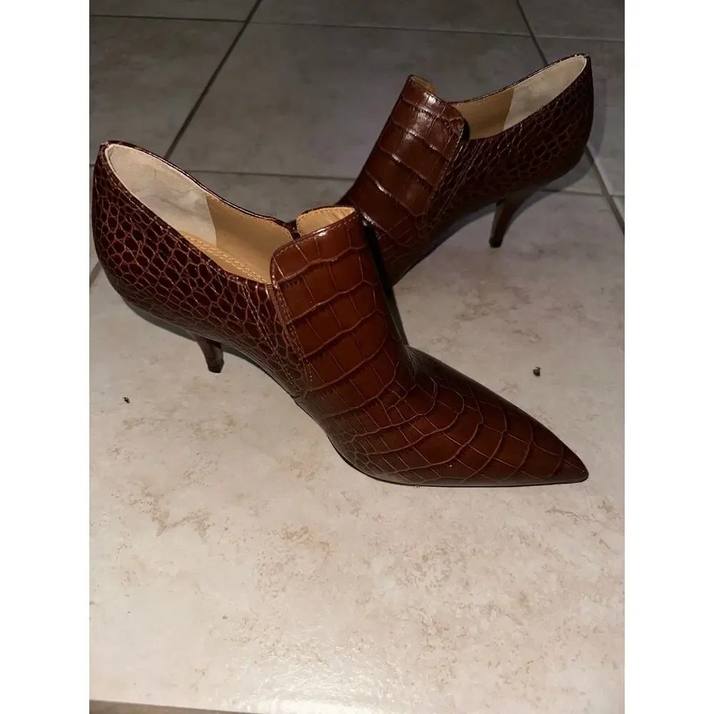Tory Burch Georgina Brown Croc Embossed Pointed Toe Booties Women’s 8M